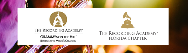 The Recording Academy Florida Chapter banner in gold lettering on a white rectangle overlaid on a photo of a jazz player